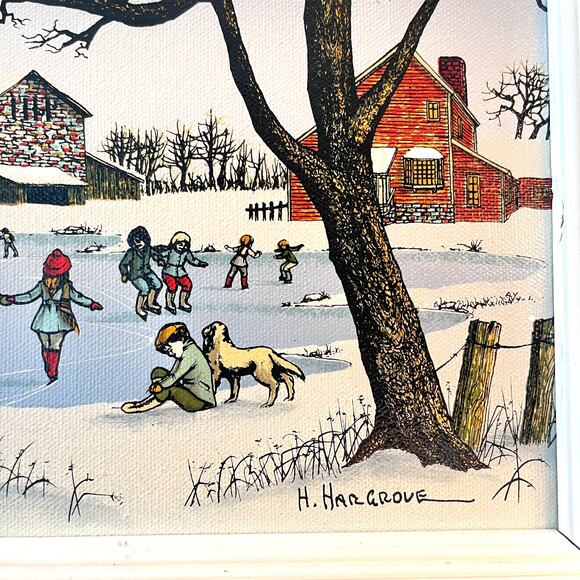 H. Hargrove The Ice Skating Pond Country Scene Framed Oil Painting Canvas Signed - Picture 10 of 15